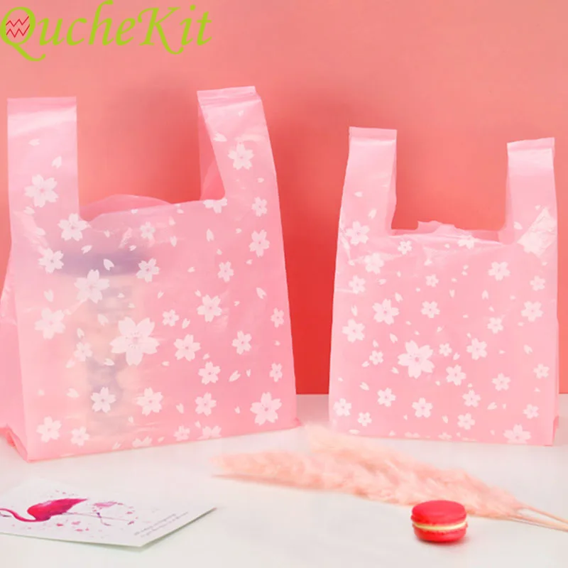 Wedding Cake Supply - 50pcs Pink Cherry Plastic Gift Bags